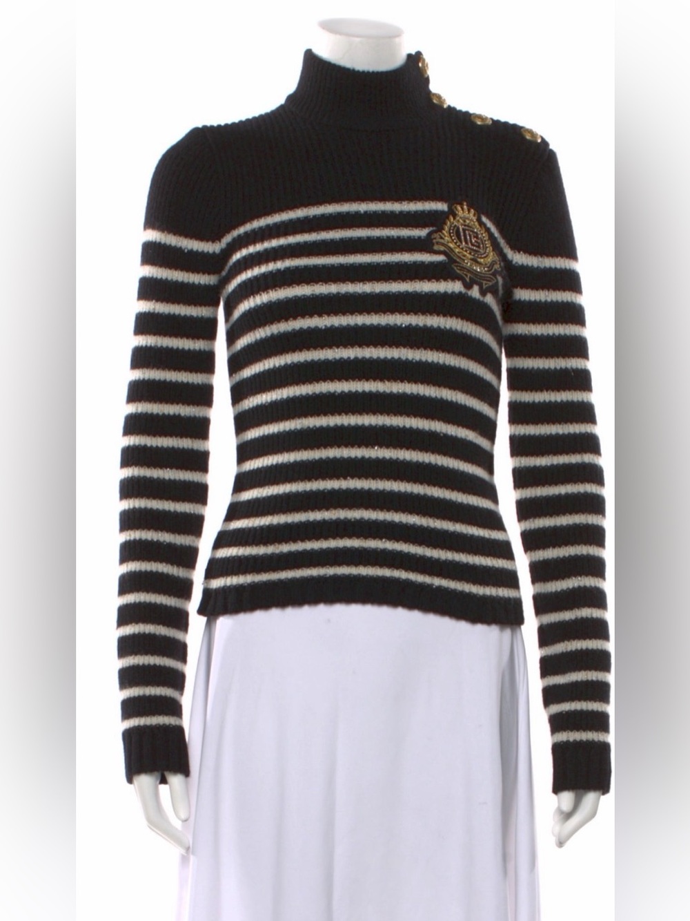 Balmain Black & Cream Striped Mock Neck Sweater with Crest